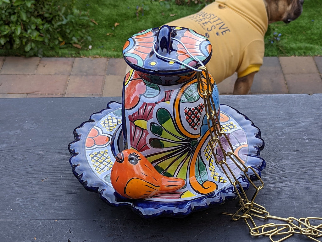 Ceramic Bird Feeder, Talavera Pottery, Decorative Outdoor Hanging Feeder Station w Chain, Handmade Mexican Pottery, Attract Wild Birds