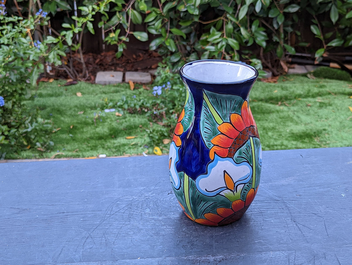 Talavera Ceramic Vase  | Handmade Mexican Pottery for Dried or Fresh Flowers Featuring Colorful Sunflowers & Lillies