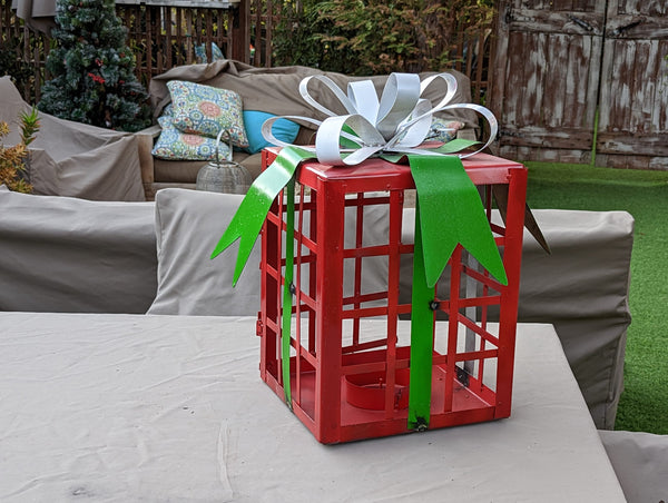 Christmas Decor Yard Art, Festive Lantern, Outdoor Metal Holiday Gift Box, Porch or Home Decor Christmas Decoration = 11 LBS, 13x13x20