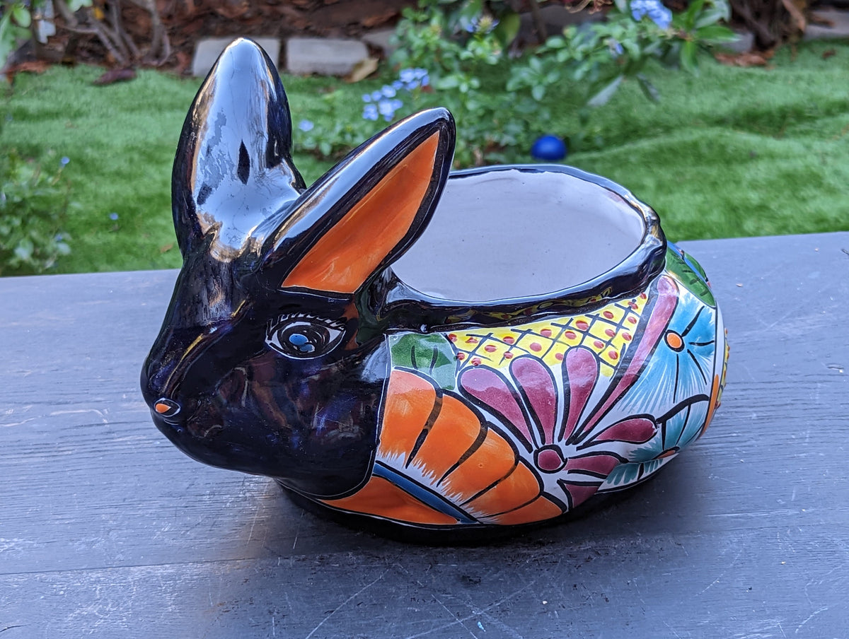 Rabbit Flower Pot, Colorful Talavera Pottery, Ceramic Planter, Indoor Home Decor, Outdoor Garden Decor, Hand Painted Rabbit Yard Decor