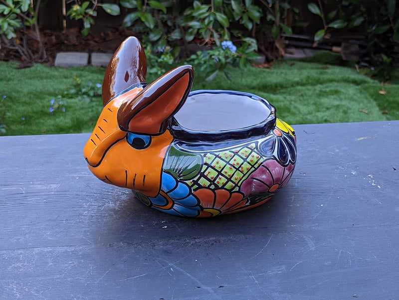 Rabbit Flower Pot, Colorful Talavera Pottery, Ceramic Planter, Indoor Home Decor, Outdoor Garden Decor, Hand Painted Rabbit Yard Decor