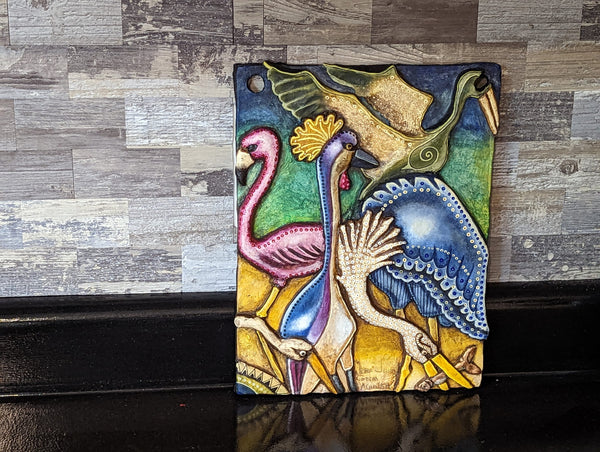 Wading Birds Portraiture, Handmade Ceramic Wall Art, Mexican Folk Art Home Decor, Contemporary Wall Art Decor Herons Stork Crane Flamingo