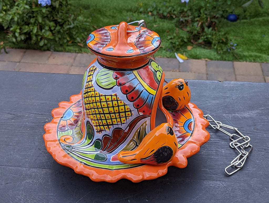 Ceramic Bird Feeder, Talavera Pottery, Decorative Outdoor Hanging Feeder Station w Chain, Handmade Mexican Pottery, Attract Wild Birds