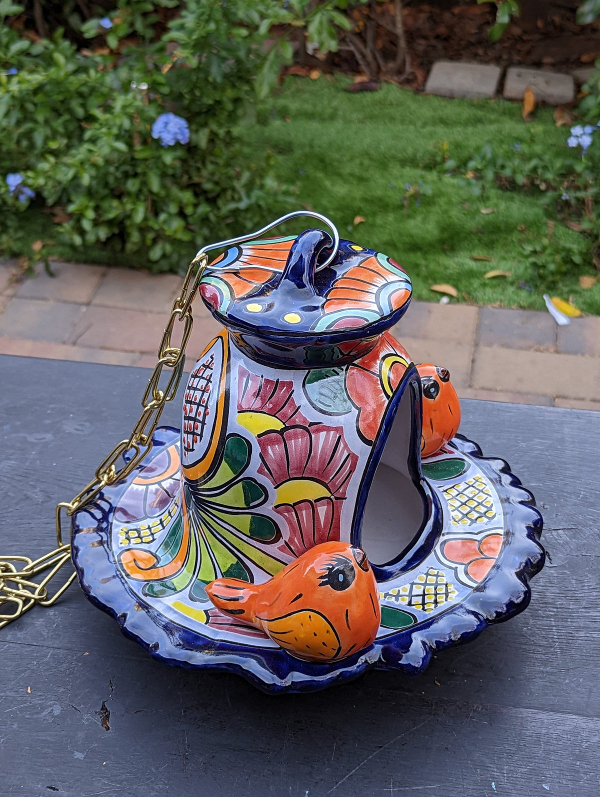 Ceramic Bird Feeder, Talavera Pottery, Decorative Outdoor Hanging Feeder Station w Chain, Handmade Mexican Pottery, Attract Wild Birds