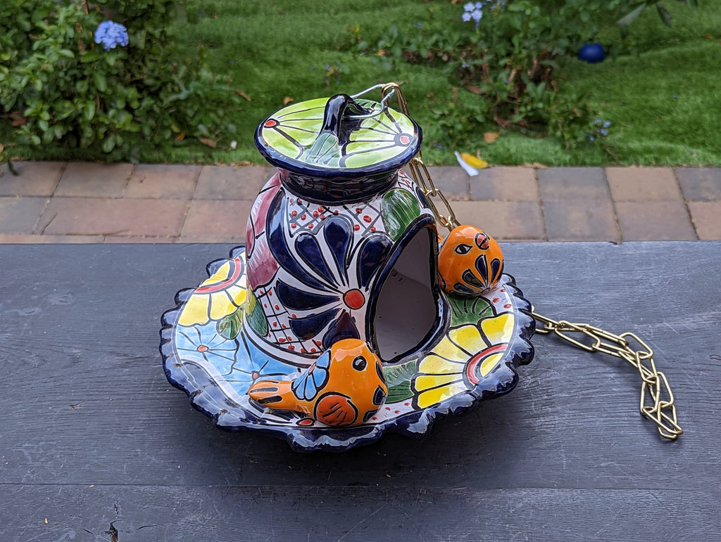 Ceramic Bird Feeder, Talavera Pottery, Decorative Outdoor Hanging Feeder Station w Chain, Handmade Mexican Pottery, Attract Wild Birds