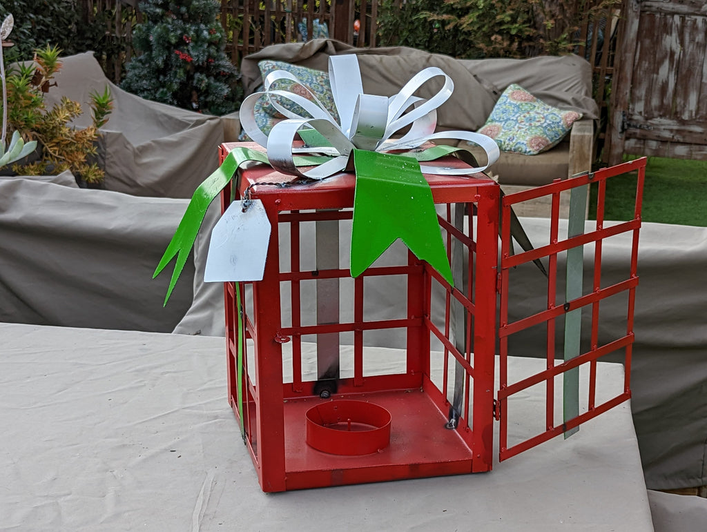 Christmas Decor Yard Art, Festive Lantern, Outdoor Metal Holiday Gift Box, Porch or Home Decor Christmas Decoration = 11 LBS, 13x13x20