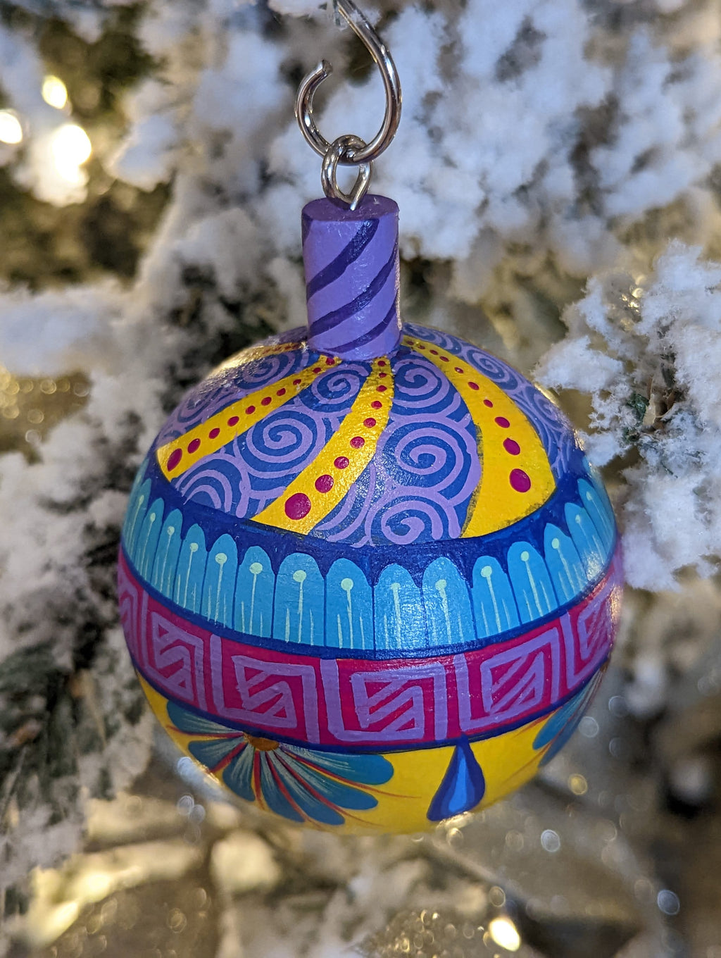 Christmas Ornaments, Unique Christmas Tree Bulbs of Various Festive Patterns, Hand Painted Wooden Mexican Ornaments of Oaxaca, Bluish Colors