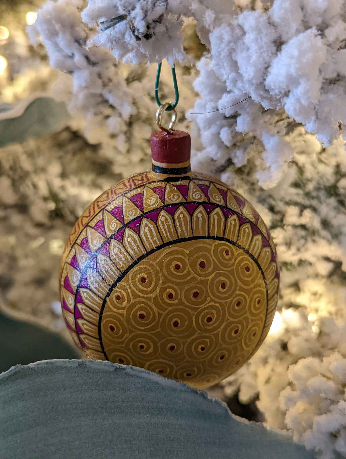 Christmas Ornament, Home Made Christmas Tree Bulbs of Various Festive Patterns, Brown Colors, Hand Painted Wooden Ornament of Oaxaca, Mexico