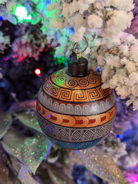 Christmas Ornament, Home Made Christmas Tree Bulbs of Various Festive Patterns, Brown Colors, Hand Painted Wooden Ornament of Oaxaca, Mexico