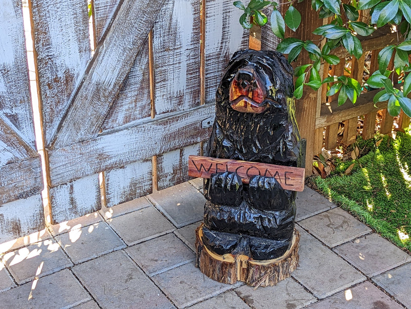 Chainsaw Carved Bear Welcome Sign, Wood Carving Black Bear Decor, Front Porch Home Decor Statue, Chainsaw Carving, 25&quot; Tall, Customize Sign