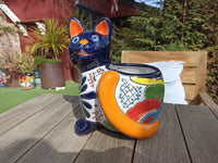 Talavera Cat Flower Pot, Ceramic Planter Home Decor, Indoor Outdoor Planter Pot, Mexican Pottery Yard & Garden Decor, Handmade