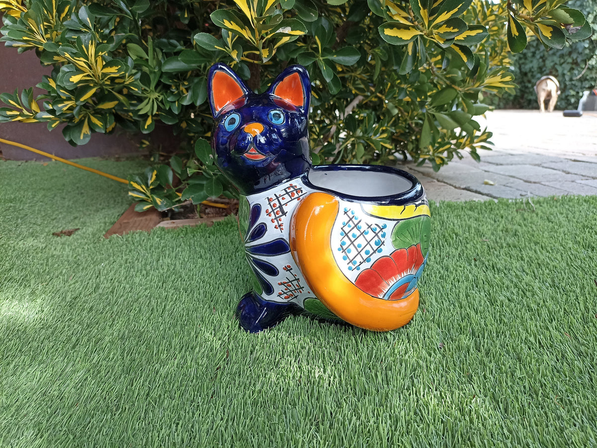 Talavera Cat Flower Pot, Ceramic Planter Home Decor, Indoor Outdoor Planter Pot, Mexican Pottery Yard & Garden Decor, Handmade