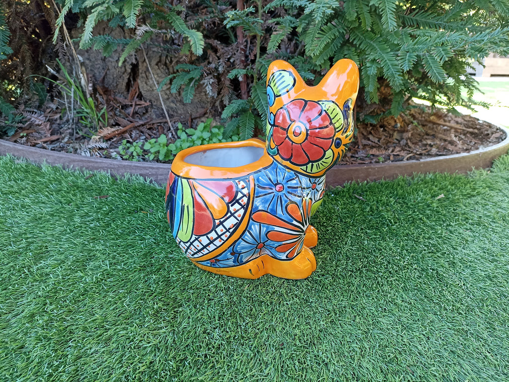 Talavera Cat Flower Pot, Ceramic Planter Home Decor, Indoor Outdoor Planter Pot, Mexican Pottery Yard & Garden Decor, Handmade