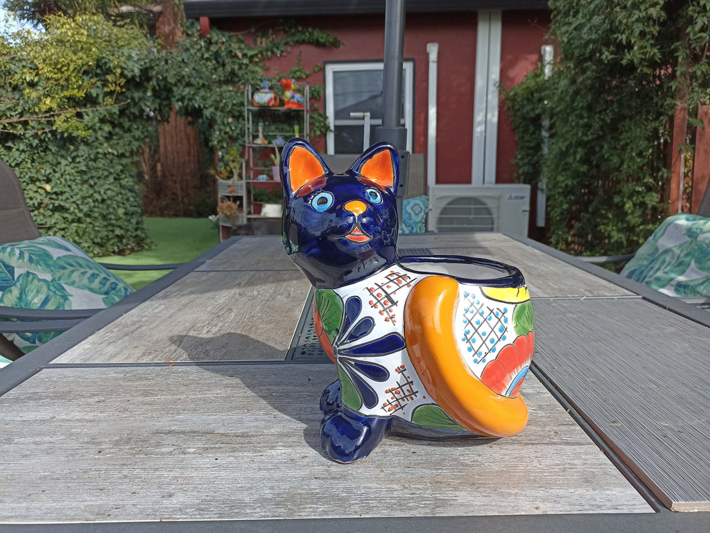 Talavera Cat Flower Pot, Ceramic Planter Home Decor, Indoor Outdoor Planter Pot, Mexican Pottery Yard & Garden Decor, Handmade