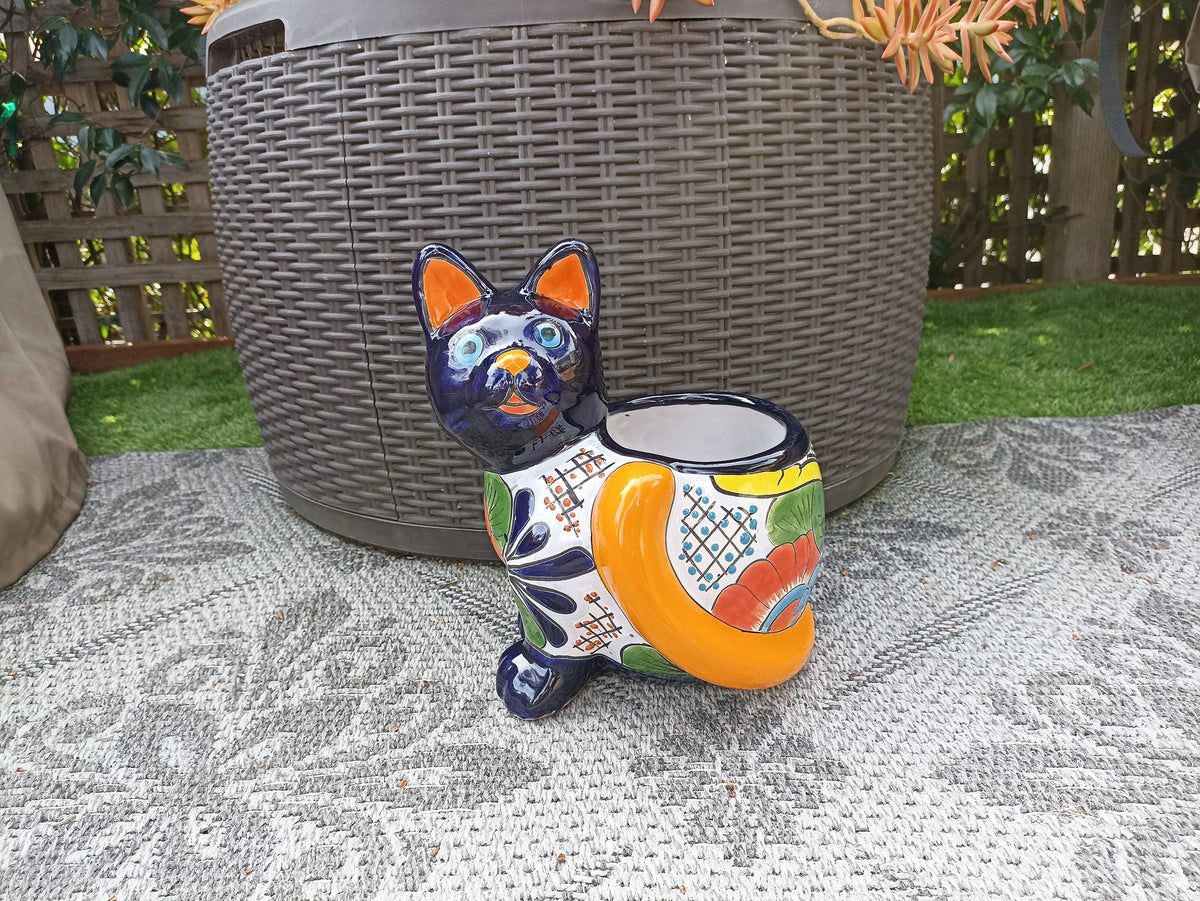 Talavera Cat Flower Pot, Ceramic Planter Home Decor, Indoor Outdoor Planter Pot, Mexican Pottery Yard & Garden Decor, Handmade