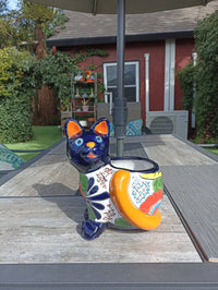 Talavera Cat Flower Pot, Ceramic Planter Home Decor, Indoor Outdoor Planter Pot, Mexican Pottery Yard & Garden Decor, Handmade