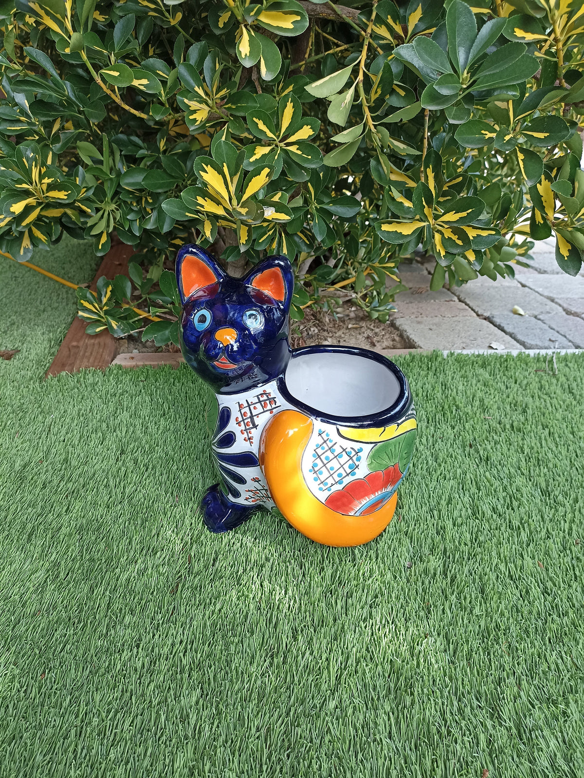 Talavera Cat Flower Pot, Ceramic Planter Home Decor, Indoor Outdoor Planter Pot, Mexican Pottery Yard & Garden Decor, Handmade
