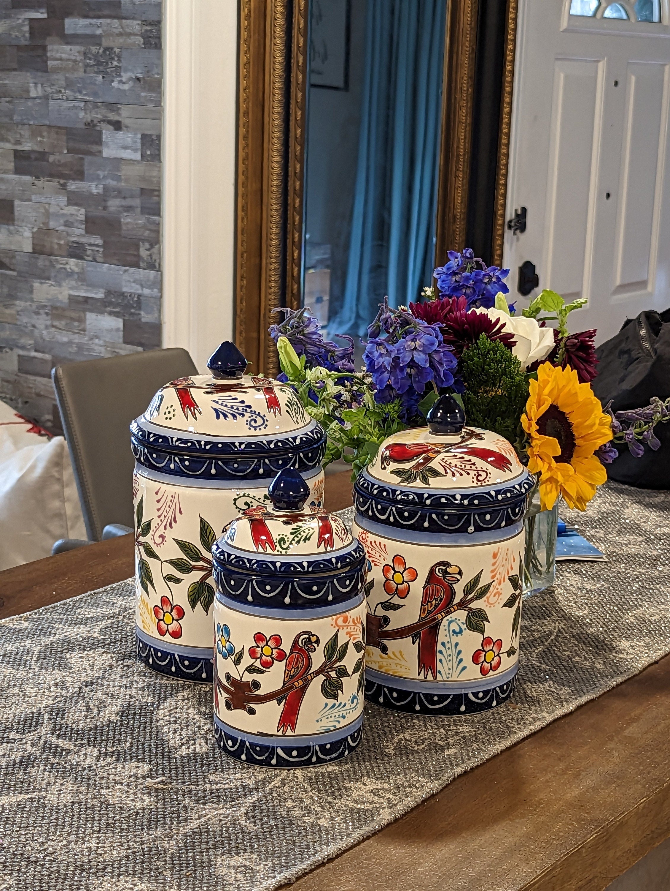Bico Blue Talavera Ceramic Canister Set of 3 for Kitchen Counter, 62oz,  40oz, 32oz each, with Wooden Air Tight Lid, Food Storage Jar for storing