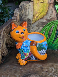 Talavera Cat Flower Pot, Ceramic Planter Home Decor, Indoor Outdoor Planter Pot, Mexican Pottery Yard & Garden Decor, Handmade