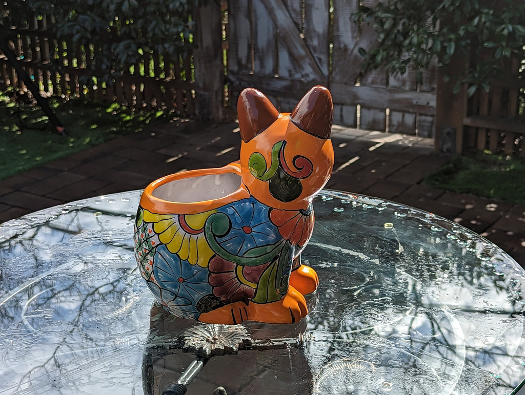 Talavera Cat Flower Pot, Ceramic Planter Home Decor, Indoor Outdoor Planter Pot, Mexican Pottery Yard & Garden Decor, Handmade