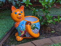 Talavera Cat Flower Pot, Ceramic Planter Home Decor, Indoor Outdoor Planter Pot, Mexican Pottery Yard & Garden Decor, Handmade