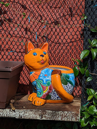 Talavera Cat Flower Pot, Ceramic Planter Home Decor, Indoor Outdoor Planter Pot, Mexican Pottery Yard & Garden Decor, Handmade