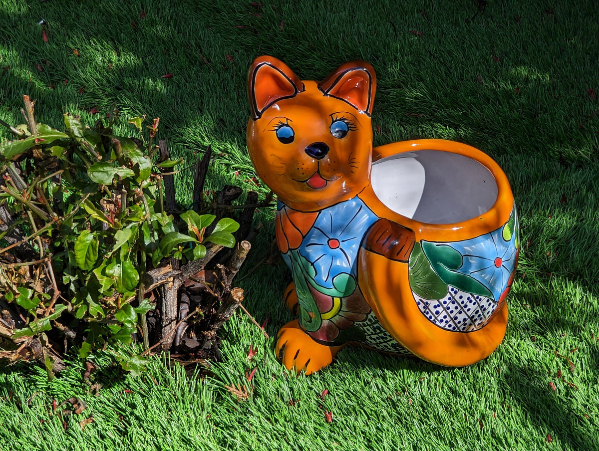 Talavera Cat Flower Pot, Ceramic Planter Home Decor, Indoor Outdoor Planter Pot, Mexican Pottery Yard & Garden Decor, Handmade