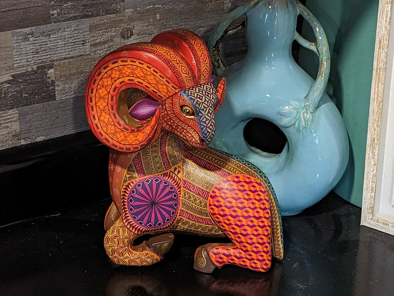 Ram Alebrije Art, Mexican Wood Carving Home Decor, Handmade Animal Sculpture & Mexican Folk Art, Carved Animal Statue, Ram Sculpture Art