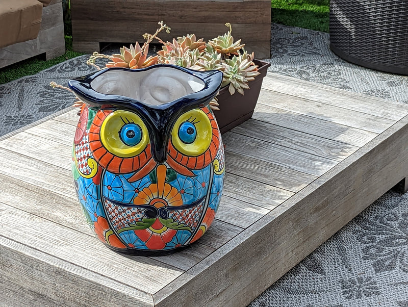 Owl Flower Pot 14" Ceramic Planter, Gorgeous Handmade Talavera Pottery, Outdoor Garden Decor, Home Decor, Unique Gift for Birders