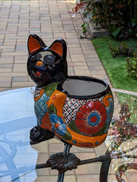 Talavera Cat Flower Pot, Ceramic Planter Home Decor, Indoor Outdoor Planter Pot, Mexican Pottery Yard & Garden Decor, Handmade