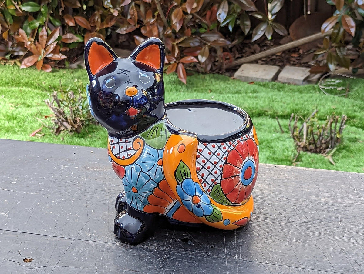 Talavera Cat Flower Pot, Ceramic Planter Home Decor, Indoor Outdoor Planter Pot, Mexican Pottery Yard & Garden Decor, Handmade
