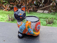 Talavera Cat Flower Pot, Ceramic Planter Home Decor, Indoor Outdoor Planter Pot, Mexican Pottery Yard & Garden Decor, Handmade