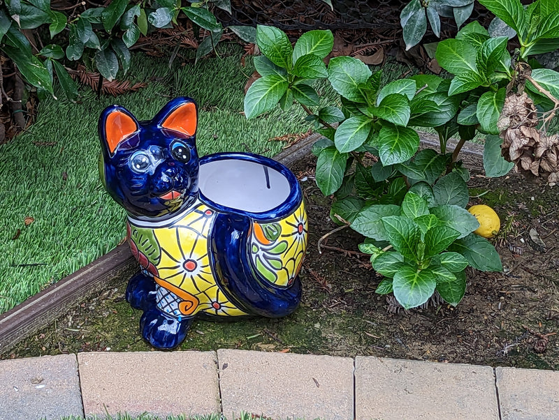 Talavera Cat Flower Pot, Ceramic Planter Home Decor, Indoor Outdoor Planter Pot, Mexican Pottery Yard & Garden Decor, Handmade