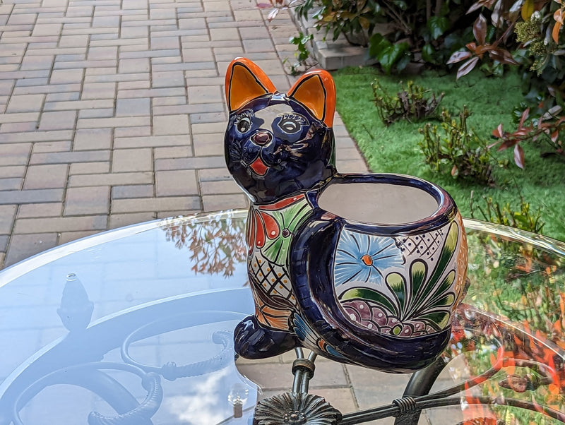 Talavera Cat Flower Pot, Ceramic Planter Home Decor, Indoor Outdoor Planter Pot, Mexican Pottery Yard & Garden Decor, Handmade