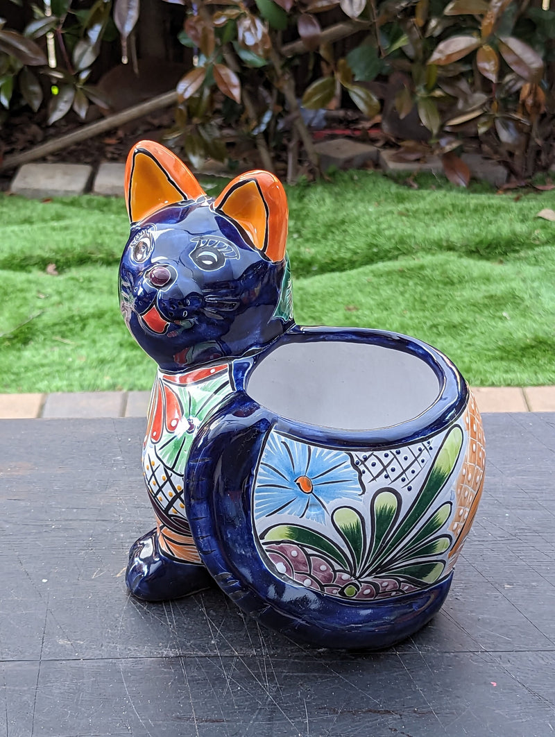 Talavera Cat Flower Pot, Ceramic Planter Home Decor, Indoor Outdoor Planter Pot, Mexican Pottery Yard & Garden Decor, Handmade