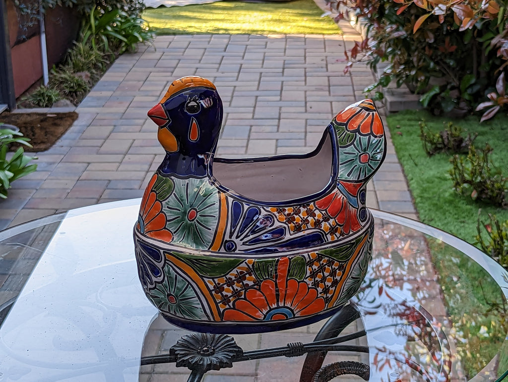 Talavera Chicken Ceramic Planter & Colorful Flower Pot, Handmade Outdoor Decor or Indoor Planter Pot, Colorful Ceramic Mexican Garden Decor