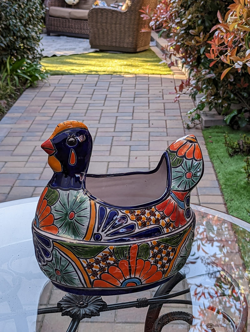 Talavera Chicken Ceramic Planter & Colorful Flower Pot, Handmade Outdoor Decor or Indoor Planter Pot, Colorful Ceramic Mexican Garden Decor