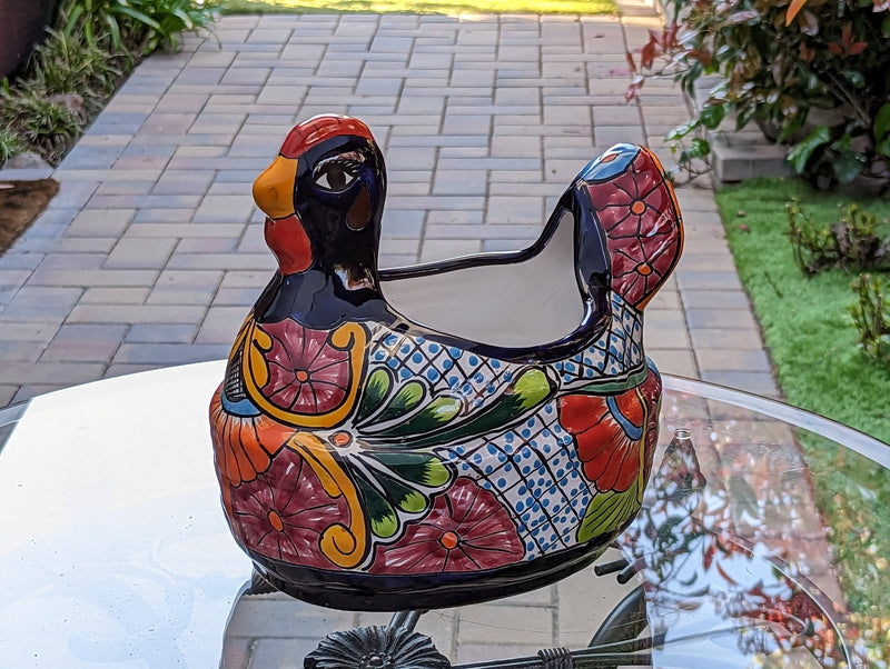 Talavera Chicken Ceramic Planter & Colorful Flower Pot, Handmade Outdoor Decor or Indoor Planter Pot, Colorful Ceramic Mexican Garden Decor