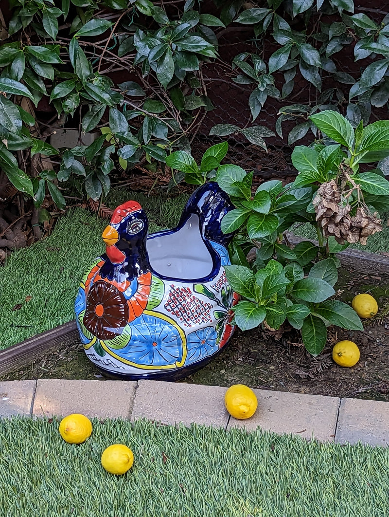 Talavera Chicken Ceramic Planter & Colorful Flower Pot, Handmade Outdoor Decor or Indoor Planter Pot, Colorful Ceramic Mexican Garden Decor