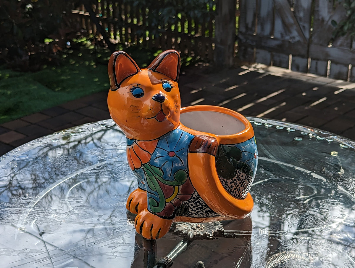 Talavera Cat Flower Pot, Ceramic Planter Home Decor, Indoor Outdoor Planter Pot, Mexican Pottery Yard & Garden Decor, Handmade