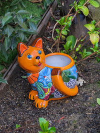 Talavera Cat Flower Pot, Ceramic Planter Home Decor, Indoor Outdoor Planter Pot, Mexican Pottery Yard & Garden Decor, Handmade