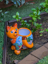 Talavera Cat Flower Pot, Ceramic Planter Home Decor, Indoor Outdoor Planter Pot, Mexican Pottery Yard & Garden Decor, Handmade
