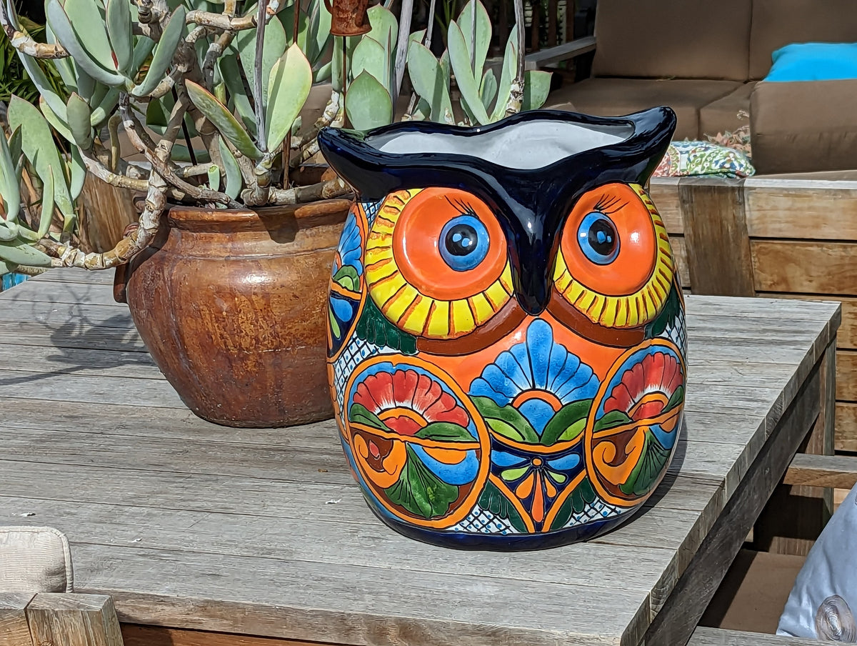 Owl Flower Pot 14" Talavera Ceramic Planter, Gorgeous Handmade Pottery, Outdoor Garden Decor, Indoor Home Decor, Unique Gift for Birders
