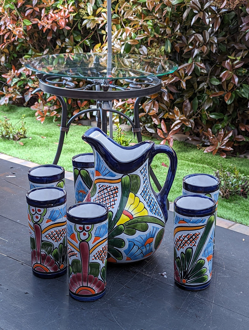 Talavera Ceramic Pitcher & Six Glasses, Handmade Talavera Pottery, Ceramic Water Pitcher Set for the Kitchen or Dining Room, Mexican Pottery