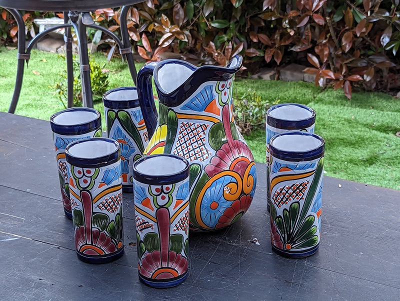 Talavera Ceramic Pitcher & Six Glasses, Handmade Talavera Pottery, Ceramic Water Pitcher Set for the Kitchen or Dining Room, Mexican Pottery