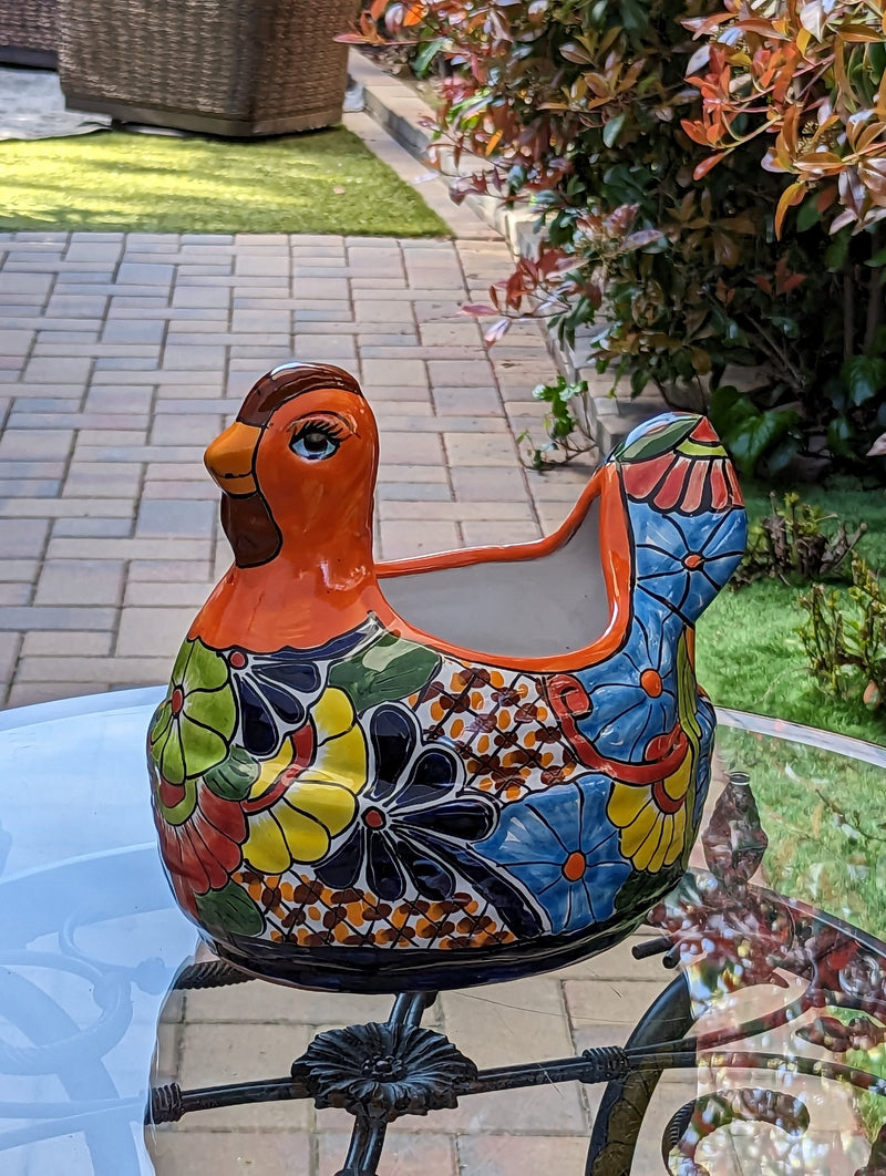 Talavera Chicken Ceramic Planter & Colorful Flower Pot, Handmade Outdoor Decor or Indoor Planter Pot, Colorful Ceramic Mexican Garden Decor