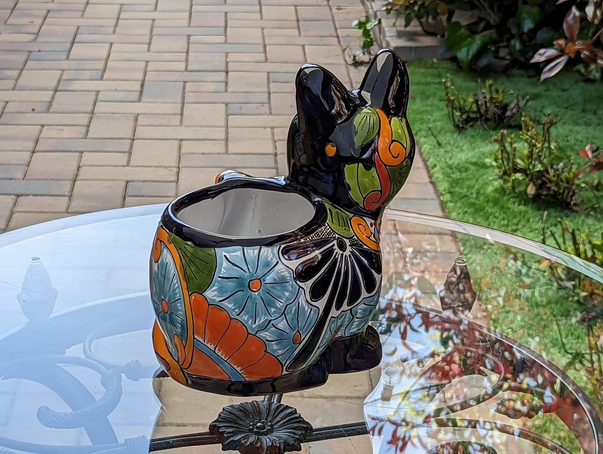 Talavera Cat Flower Pot, Ceramic Planter Home Decor, Indoor Outdoor Planter Pot, Mexican Pottery Yard & Garden Decor, Handmade