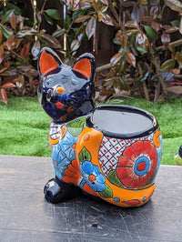 Talavera Cat Flower Pot, Ceramic Planter Home Decor, Indoor Outdoor Planter Pot, Mexican Pottery Yard & Garden Decor, Handmade