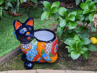 Talavera Cat Flower Pot, Ceramic Planter Home Decor, Indoor Outdoor Planter Pot, Mexican Pottery Yard & Garden Decor, Handmade