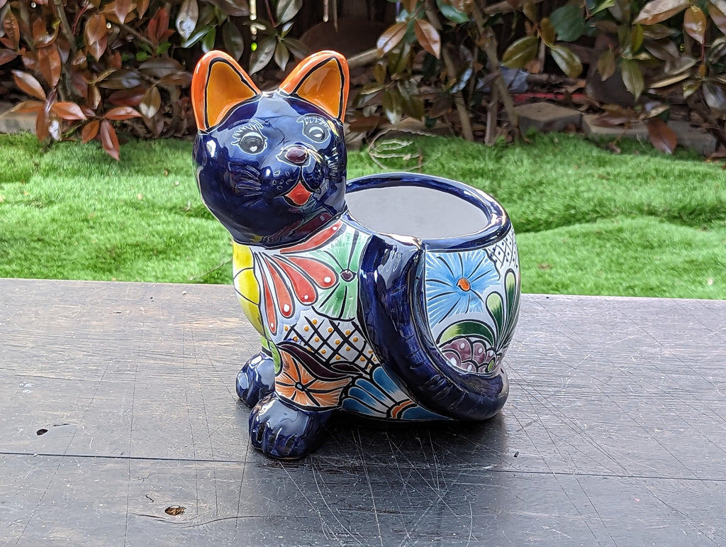 Talavera Cat Flower Pot, Ceramic Planter Home Decor, Indoor Outdoor Planter Pot, Mexican Pottery Yard & Garden Decor, Handmade